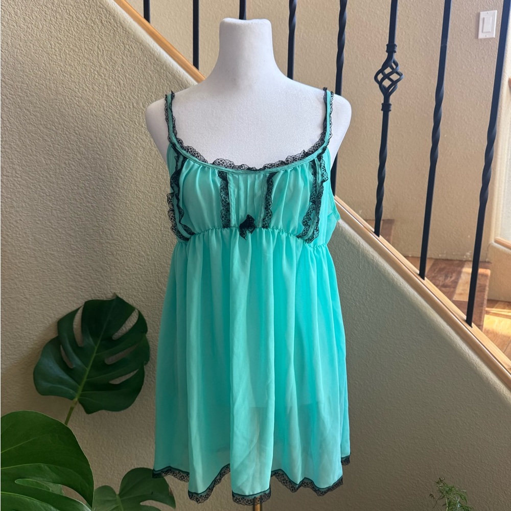 Victoria's Secret Blue and Black Chemise with Ruffled Neckline